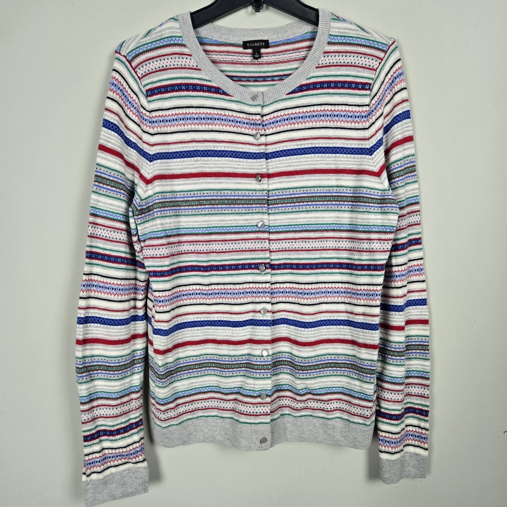 Talbots Womens Fair Isle Lambswool Cardigan Size L White Preppy Cozy Nordic Warm